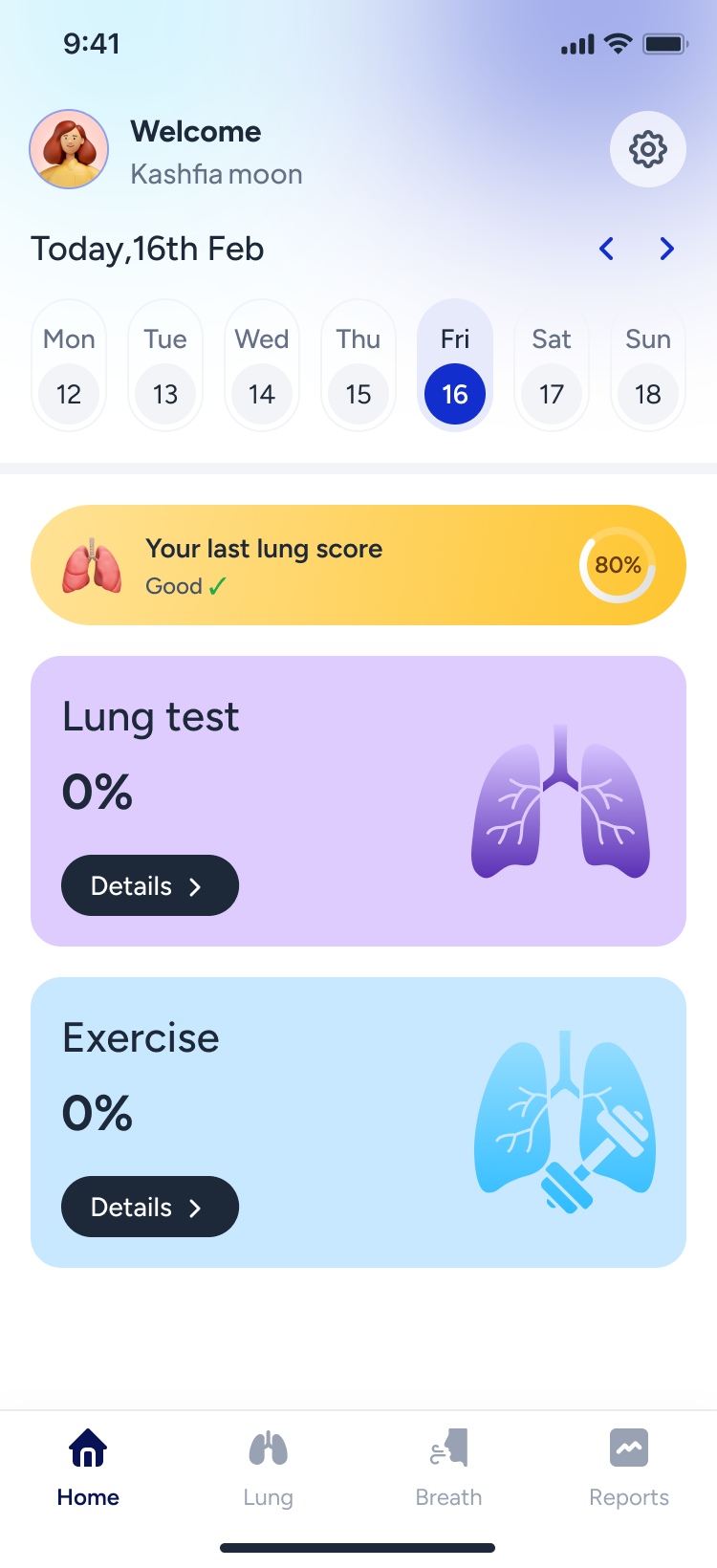 PulmoFit app home dashboard screen